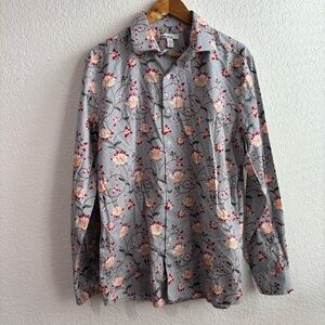 Bar III Floral Patterned Gray Button Down Shirt Slim Fit Stretch Cotton Large